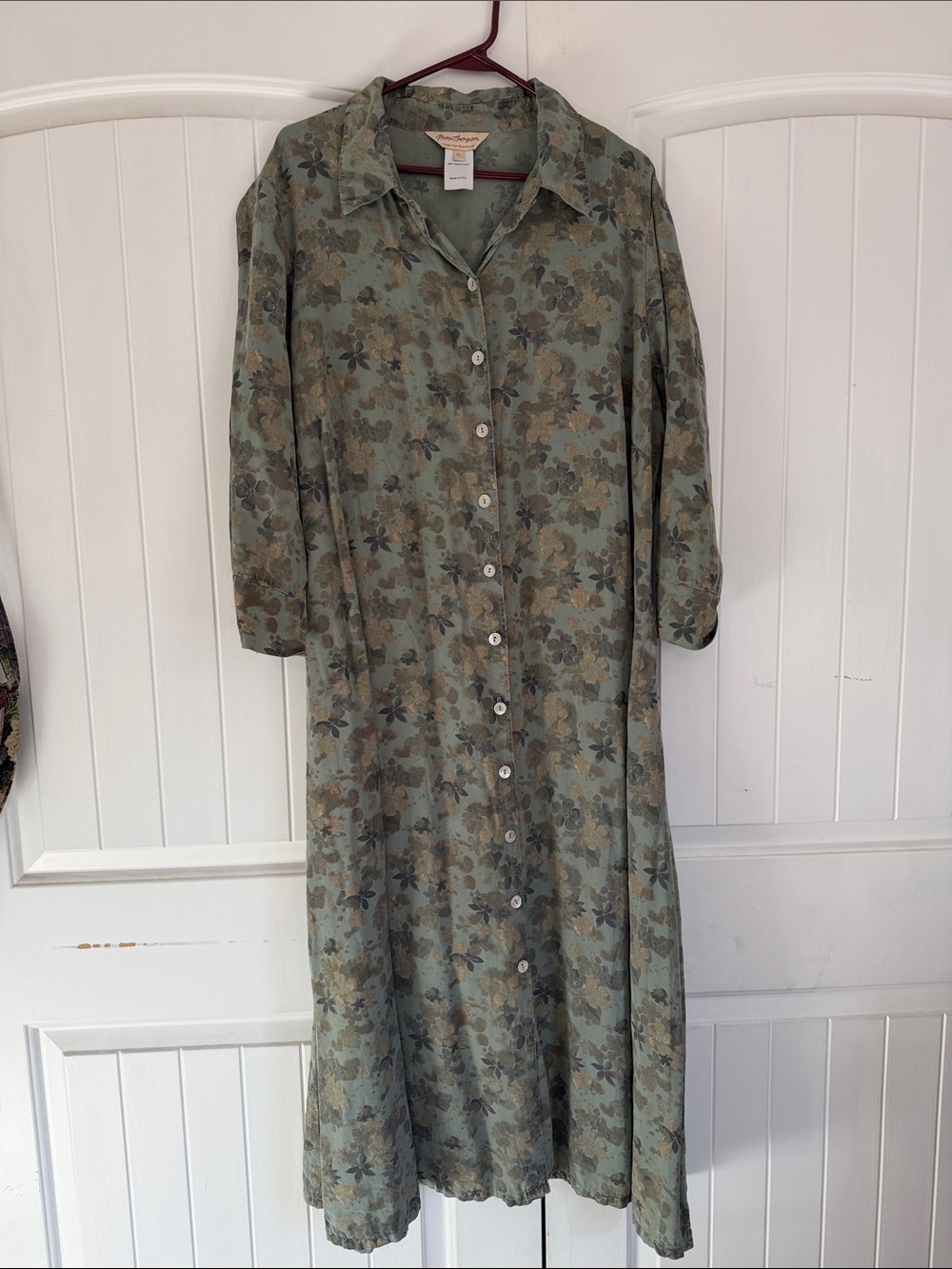 Vintage Norm Thompson Sage Green Floral Button-Front Maxi Dress